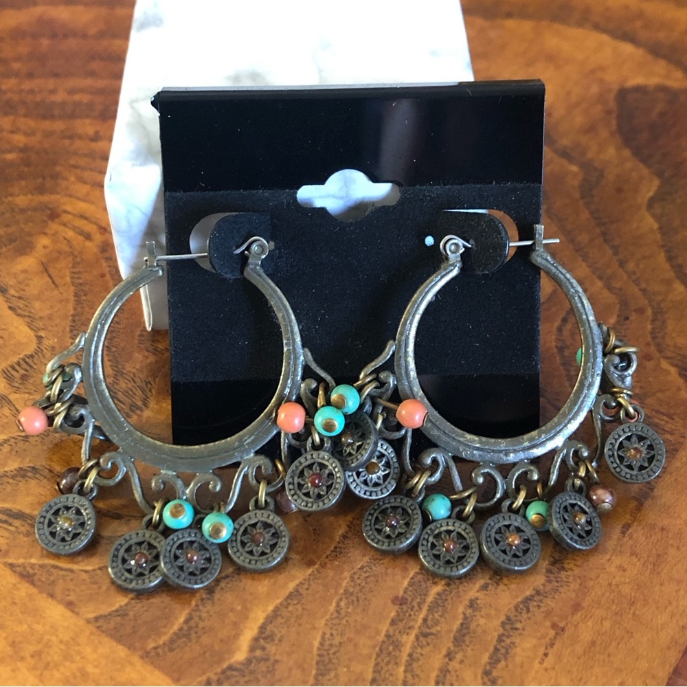 Vintage beaded brass hoop earrings